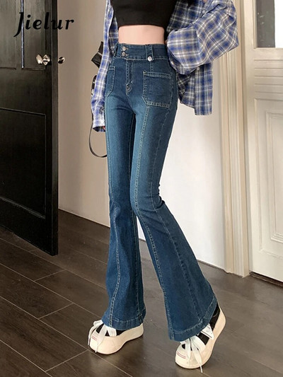 Jielur Vintage plave crne traperice za žene Jesen, korejske nove široke hlače visokog struka, uske traper hlače za ženske džepove S-XL