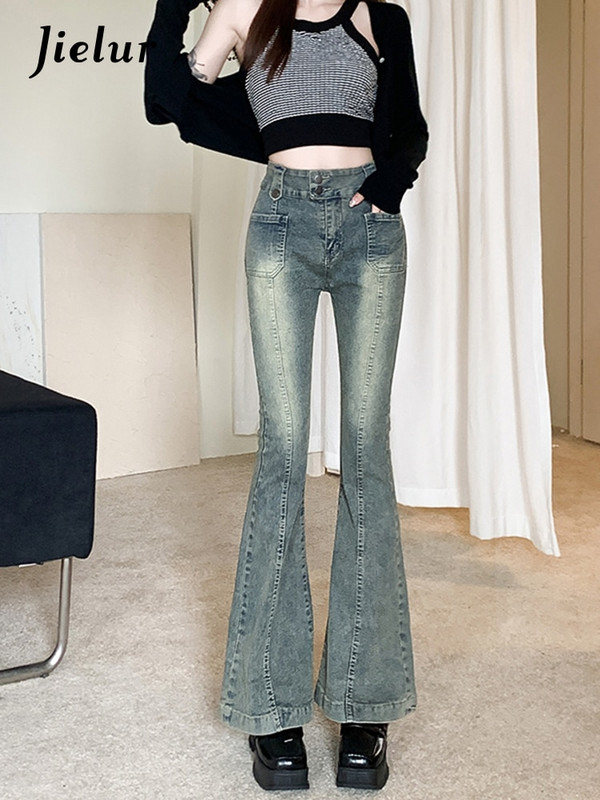 Jielur Vintage plave crne traperice za žene Jesen, korejske nove široke hlače visokog struka, uske traper hlače za ženske džepove S-XL
