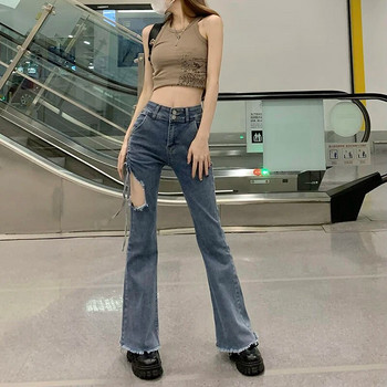MEXZT Vintage Flare Jeans Γυναικεία Y2K Σέξι Ψηλόμεση Hollow Out Shirring Τζιν παντελόνι Κορεάτικη μόδα ελαστικό λεπτό παντελόνι Νέο