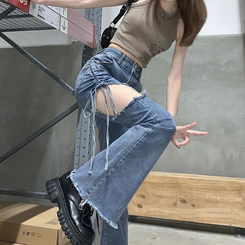 MEXZT Vintage Flare Jeans Women Y2K Sexy High Waist Hollow Out Shirring Denim Панталони Корейски модни еластични тънки панталони Нови