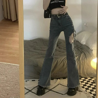 MEXZT Vintage Flare Jeans Women Y2K Sexy High Waist Hollow Out Shirring Denim Панталони Корейски модни еластични тънки панталони Нови