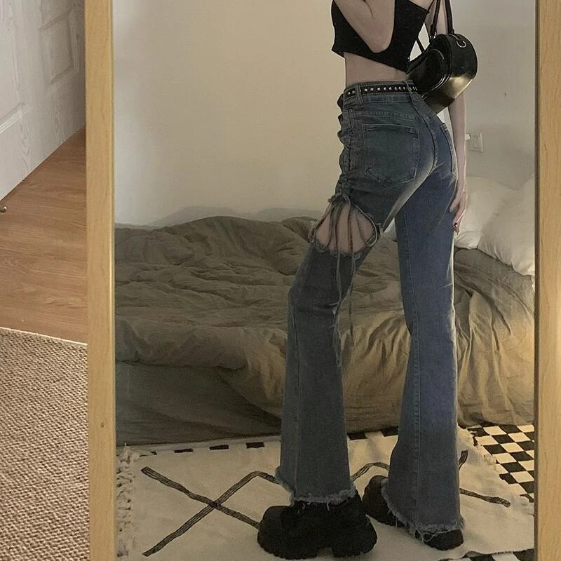 MEXZT Blugi vintage evazați pentru femei Y2K, sexy, cu talie înaltă, pantaloni de denim scobiți, la modă coreeană, elastici, subțiri, noi