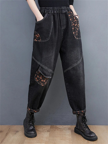Χειμερινή φθινοπωρινή μόδα Γυναικεία Vintage Floral Εκτύπωση Τζιν Παντελόνι Γυναικεία ελαστική μέση Φαρδιά Casual Jeans Harem Ευέλικτο παντελόνι