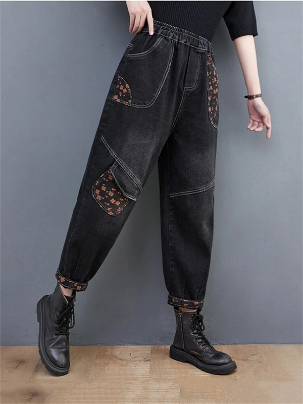 Iarna, toamnă, modă, pentru femei, epocă, cu imprimare florală, pantaloni din denim pentru femei, cu talie elastică, blugi harem, ocazional, pantaloni versatili