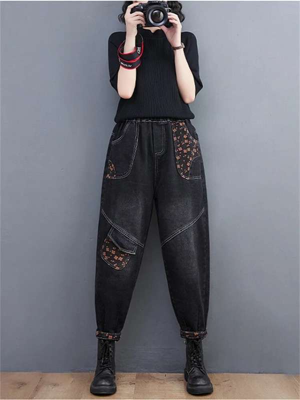 Iarna, toamnă, modă, pentru femei, epocă, cu imprimare florală, pantaloni din denim pentru femei, cu talie elastică, blugi harem, ocazional, pantaloni versatili