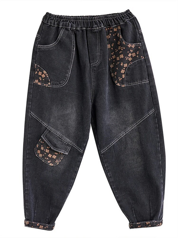 Iarna, toamnă, modă, pentru femei, epocă, cu imprimare florală, pantaloni din denim pentru femei, cu talie elastică, blugi harem, ocazional, pantaloni versatili