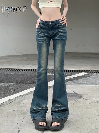 Weekeep y2k Ženske traperice niskog struka Basic Streetwear Prošivene vintage traper hlače Korejska moda Harajuku hlače Estetika 90-ih