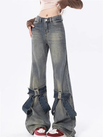 Дамски дънки с микро разкроени дънки със снаждаща се панделка Американски винтидж ежедневни дънкови панталони Дамски прави класически панталони с висока талия