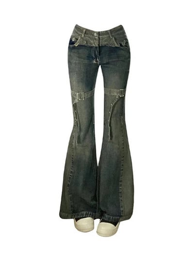 Američke retro široke traperice niskog struka, uske zvonaste hlače s povezima Ženske modne plave traper hlače Hiphop High Street Punk