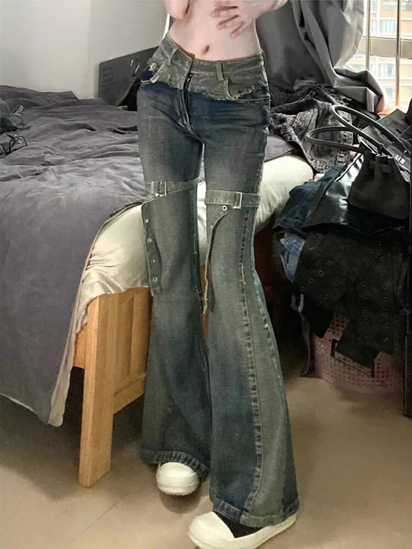 Američke retro široke traperice niskog struka, uske zvonaste hlače s povezima Ženske modne plave traper hlače Hiphop High Street Punk