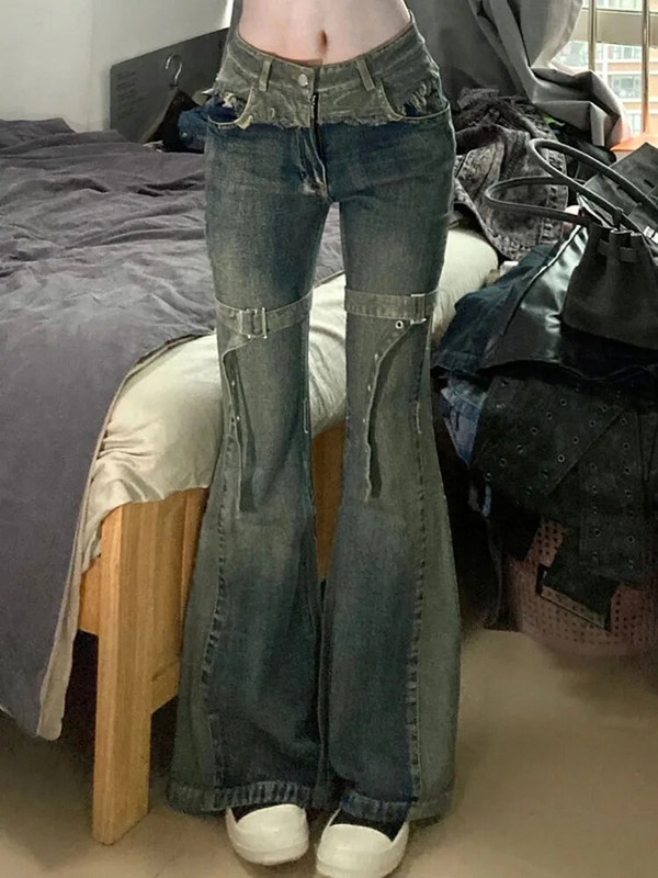 Američke retro široke traperice niskog struka, uske zvonaste hlače s povezima Ženske modne plave traper hlače Hiphop High Street Punk