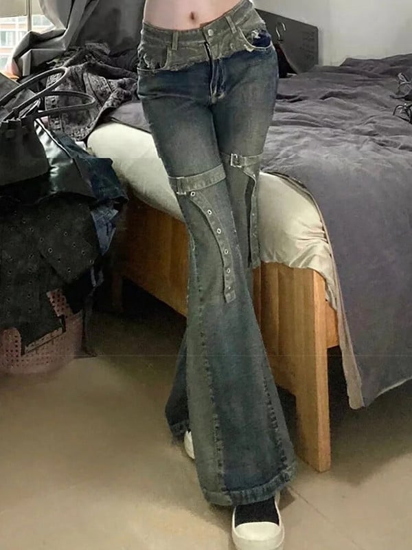 Američke retro široke traperice niskog struka, uske zvonaste hlače s povezima Ženske modne plave traper hlače Hiphop High Street Punk