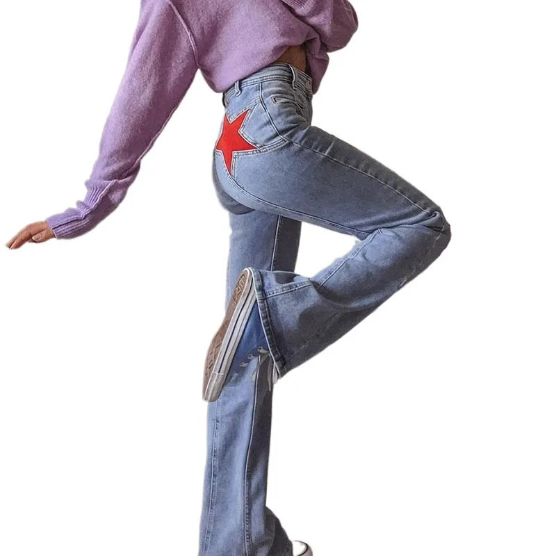 Blugi cu stea cu patchwork pentru femei Pantaloni evazați ocazional pentru femei Pantaloni slim cu talie mijlocie cu clopoței