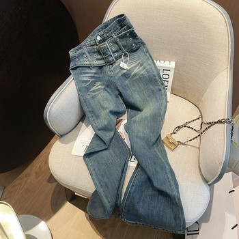 Γυναικεία Ζώνη Σχέδιο Flare Jeans Vintage Αμερικανικό Στιλ Casual Φαρδύ Μπλε Παντελόνι Γυναικείο Ψηλόμεσο Τζιν παντελόνι με καμπάνα