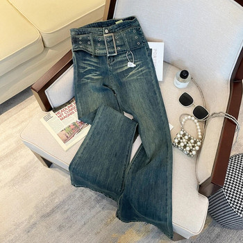 Γυναικεία Ζώνη Σχέδιο Flare Jeans Vintage Αμερικανικό Στιλ Casual Φαρδύ Μπλε Παντελόνι Γυναικείο Ψηλόμεσο Τζιν παντελόνι με καμπάνα