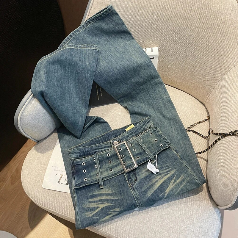 Ženske lepršave traperice s dizajnom remena u vintage američkom stilu Ležerne široke plave hlače Ženske traper hlače visokog struka na zvonce