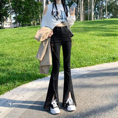 Pantaloni noi, negri, Split, Y2k, cu talie înaltă, pantaloni lungi evazați, denim, fermoar, blugi de lungime întreagă, șic pentru femei, îmbrăcăminte de stradă, Harajuku