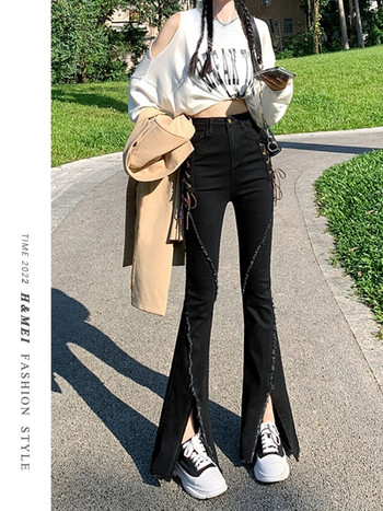 Νέο μαύρο Split Y2k Pantalones ψηλόμεσο παντελόνι τζιν με φερμουάρ Fly Ολόσωμο τζιν Κομψό γυναικείο streetwear Harajuku