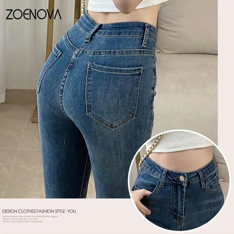 ZOENOVA Blugi evazați pentru femei, foarte elastici, la modă 2022, toamnă, pantaloni din denim pentru femei, blugi largi, cu talie înaltă