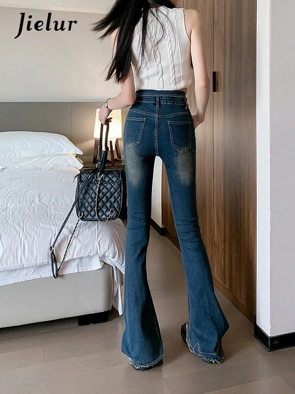 Jielur Jesen Nove vintage seksi chicly ženske traperice Ins Slim Fashion Street Woman Jeans Plave ležerne jednostavne široke hlače Ženske