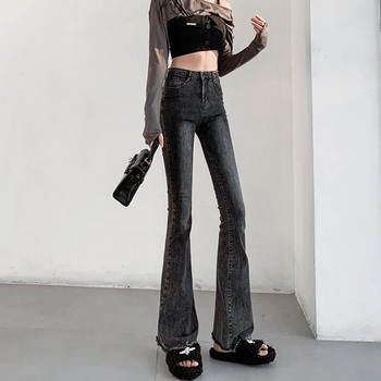 OUSSYU Клеш дънки Дамски винтидж черни дънкови панталони Streetwear Тесни женски панталони с висока талия Harajuku Y2K панталони