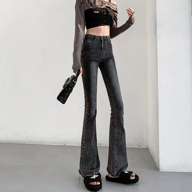 OUSSYU lepršave traperice Ženske vintage crne traper hlače Streetwear Visokog struka Uske ženske hlače Harajuku Y2K hlače