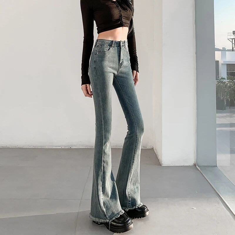 OUSSYU lepršave traperice Ženske vintage crne traper hlače Streetwear Visokog struka Uske ženske hlače Harajuku Y2K hlače