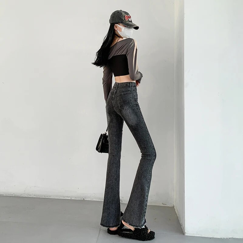OUSSYU lepršave traperice Ženske vintage crne traper hlače Streetwear Visokog struka Uske ženske hlače Harajuku Y2K hlače