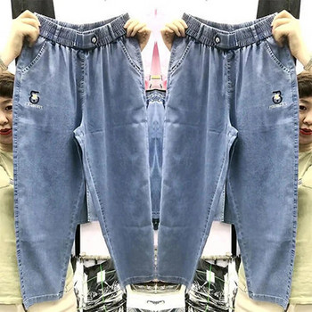 2022 лято Нова корейска мода Дамска еластична талия Свободни памучни дънкови харем панталони Всички съвпадащи ежедневни дънки с бродерия V959