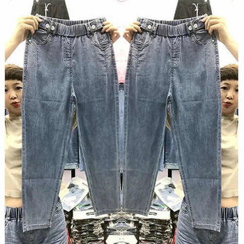 2022 Καλοκαίρι Νέα Κορέα Μόδα Γυναικεία ελαστική μέση Φαρδιά βαμβακερό τζιν παντελόνι χαρέμι Παντελόνι ταιριαστό casual κέντημα Τζιν V959