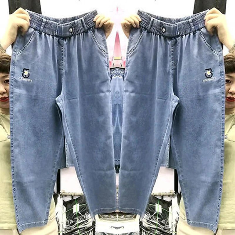 2022 m. vasara Naujoji Korėja mados moterų elastingas juosmuo Laisvos medvilnės džinsinės kelnės Haremas Visiškai suderintos laisvalaikio siuvinėjimo džinsai V959