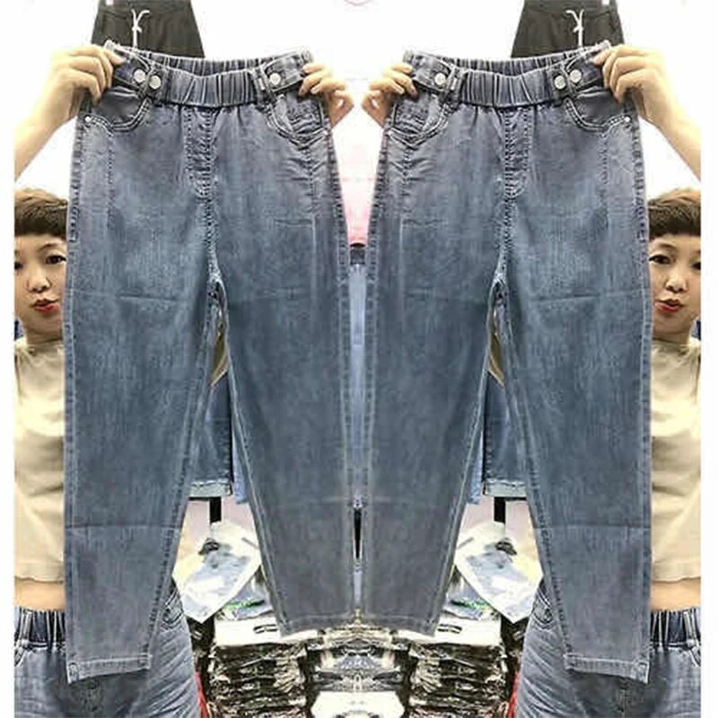 2022 m. vasara Naujoji Korėja mados moterų elastingas juosmuo Laisvos medvilnės džinsinės kelnės Haremas Visiškai suderintos laisvalaikio siuvinėjimo džinsai V959