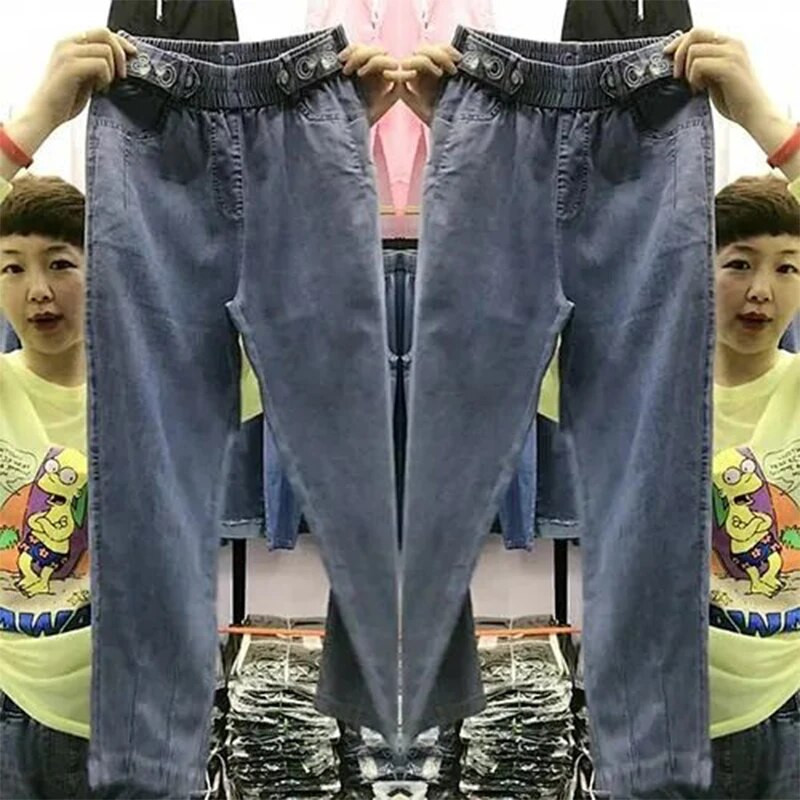 2022 m. vasara Naujoji Korėja mados moterų elastingas juosmuo Laisvos medvilnės džinsinės kelnės Haremas Visiškai suderintos laisvalaikio siuvinėjimo džinsai V959