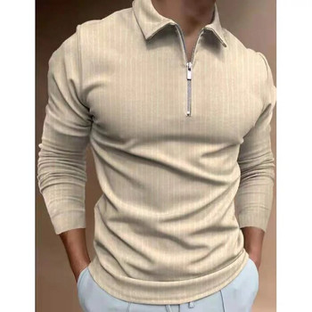Мъжка тениска с поло с дълъг ръкав Есенно облекло 2023 г. Модно ежедневно щамповане Пуловер с цип и ревер Мъжка тениска