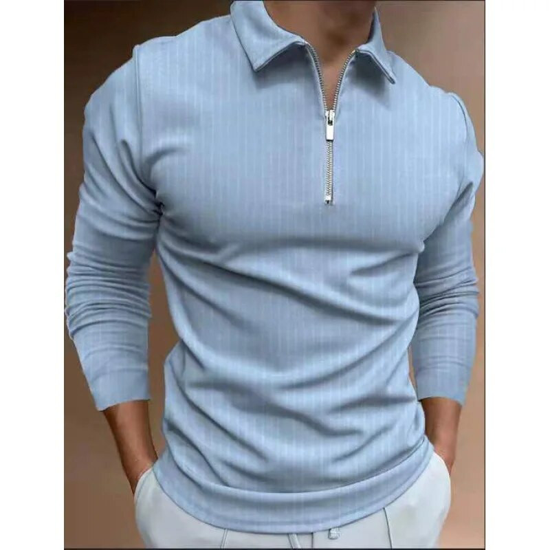 Pikkade varrukatega meeste polosärk Sügisriided 2023 Moodsad vabaajaprinterid avaralt liibuva lukuga triibuga revääriga pullover meeste T-särk