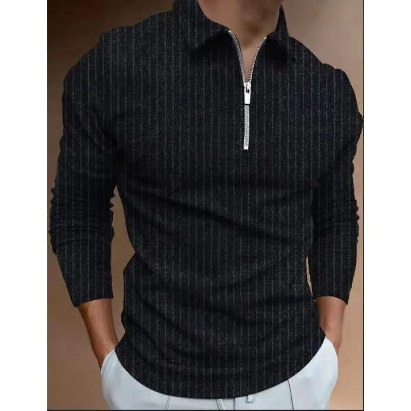 Pikkade varrukatega meeste polosärk Sügisriided 2023 Moodsad vabaajaprinterid avaralt liibuva lukuga triibuga revääriga pullover meeste T-särk