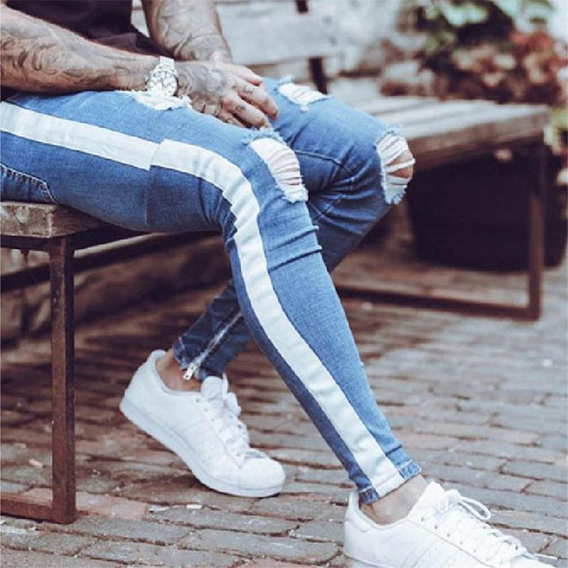 Džinsai Vyrams Ilgi Vyriški mada Four Seasons Hole Ripped Džinsai Vyriški ploni, ploni, ploni pieštukų kelnės Hip Hop kasdienės džinsinės kelnės