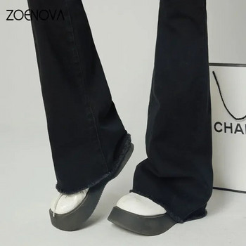 ZOENOVA 2023 Y2K Καλοκαιρινό ψηλόμεσο μονόχρωμο παντελόνι κανονικού πάχους Retro Micro Flare Distressed Mopping Jeans
