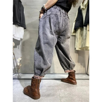 2023 Пролет Лято Нов стил на изкуства Дамски памучни дънкови харем панталони с еластична талия с два джоба Винтидж сини широки дънки C868