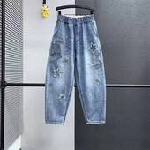 2022, primăvară toamnă, noua modă din Coreea, pentru femei, cu talie elastică, blugi casual, broderii din bumbac, denim, pantaloni harem V820