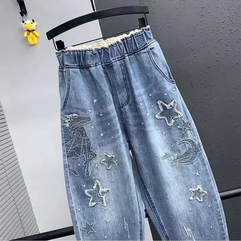 2022, primăvară toamnă, noua modă din Coreea, pentru femei, cu talie elastică, blugi casual, broderii din bumbac, denim, pantaloni harem V820