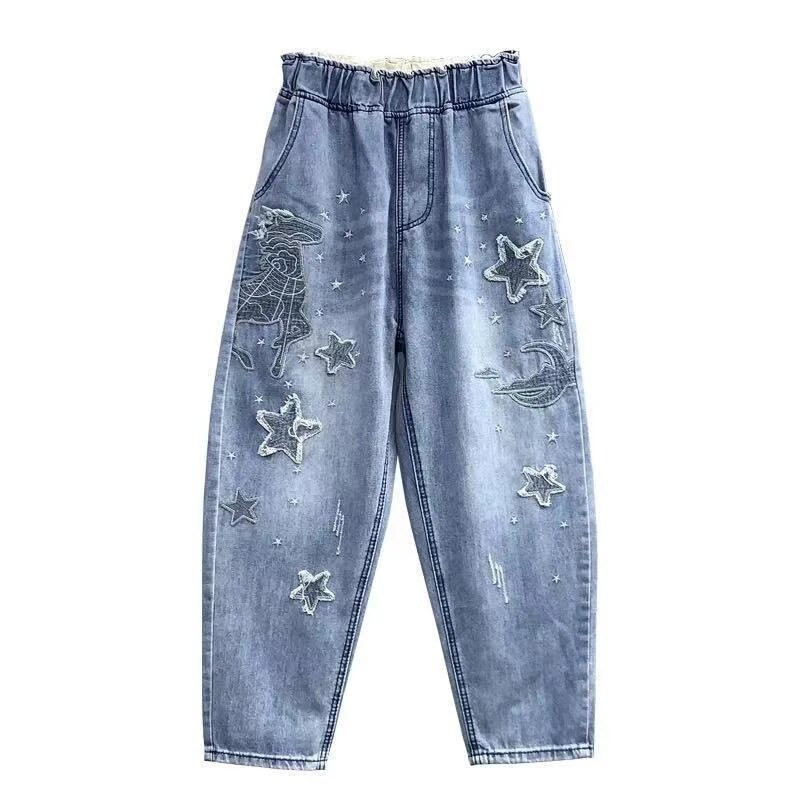 2022, primăvară toamnă, noua modă din Coreea, pentru femei, cu talie elastică, blugi casual, broderii din bumbac, denim, pantaloni harem V820