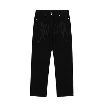Мъжки черни широки дънки с щампи Хип-хоп Тийнейджърско момче Улично облекло Скейтборд Y2K Панталони Ретро дънки с бродирани букви Горещи