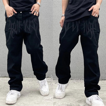 Мъжки черни широки дънки с щампи Хип-хоп Тийнейджърско момче Улично облекло Скейтборд Y2K Панталони Ретро дънки с бродирани букви Горещи