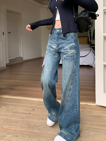 Harajuku Пълни панталони с висока талия, кльощави дънки, широки дамски модни дънкови панталони от High Street American Retro Gyaru Нов дизайн