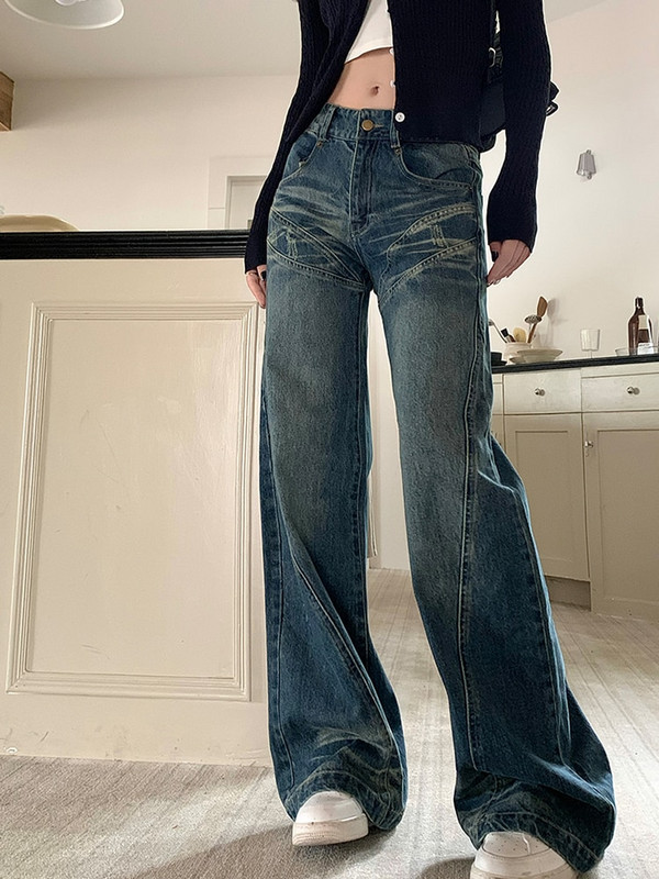 Pantaloni Harajuku cu lungime întreagă, blugi evazați cu talie înaltă, largi, pantaloni de denim de moda pentru femei, retro american Gyaru, design nou