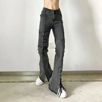 Висока талия Split Y2k Jeans Flare Pants Уличен панталон с дължина до глезена Дамски черен сив цип Fly Denim Pantalones Chic Bandage