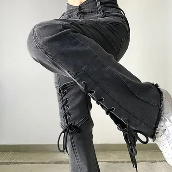 Висока талия Split Y2k Jeans Flare Pants Уличен панталон с дължина до глезена Дамски черен сив цип Fly Denim Pantalones Chic Bandage