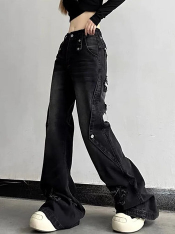 HOUZHOU Y2k 2000s Flared Jeans Women Vintage Aesthetic Washed Denim Pants Skinny Gyaru Acubi Fashion Korean Harajuku Streetwear