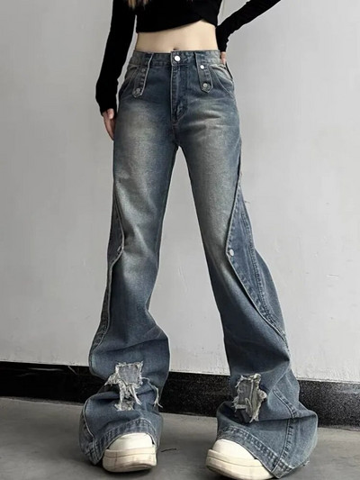 HOUZHOU Y2k anii 2000 blugi evazați femei vintage pantaloni de denim spălați estetici Skinny Gyaru Acubi Moda coreeană Harajuku Streetwear
